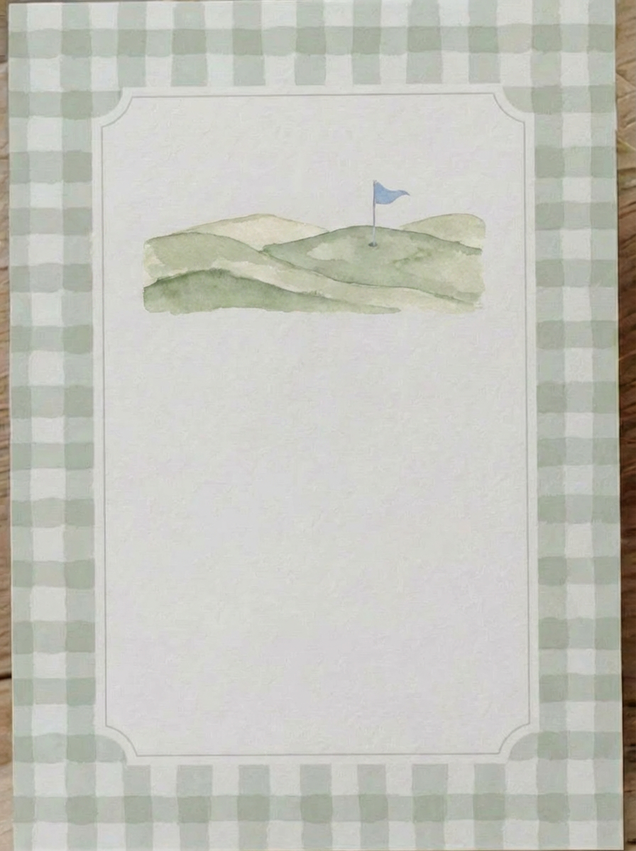 Golf-themed decorative stationery with rolling hills and a blue flag on light green checkered border