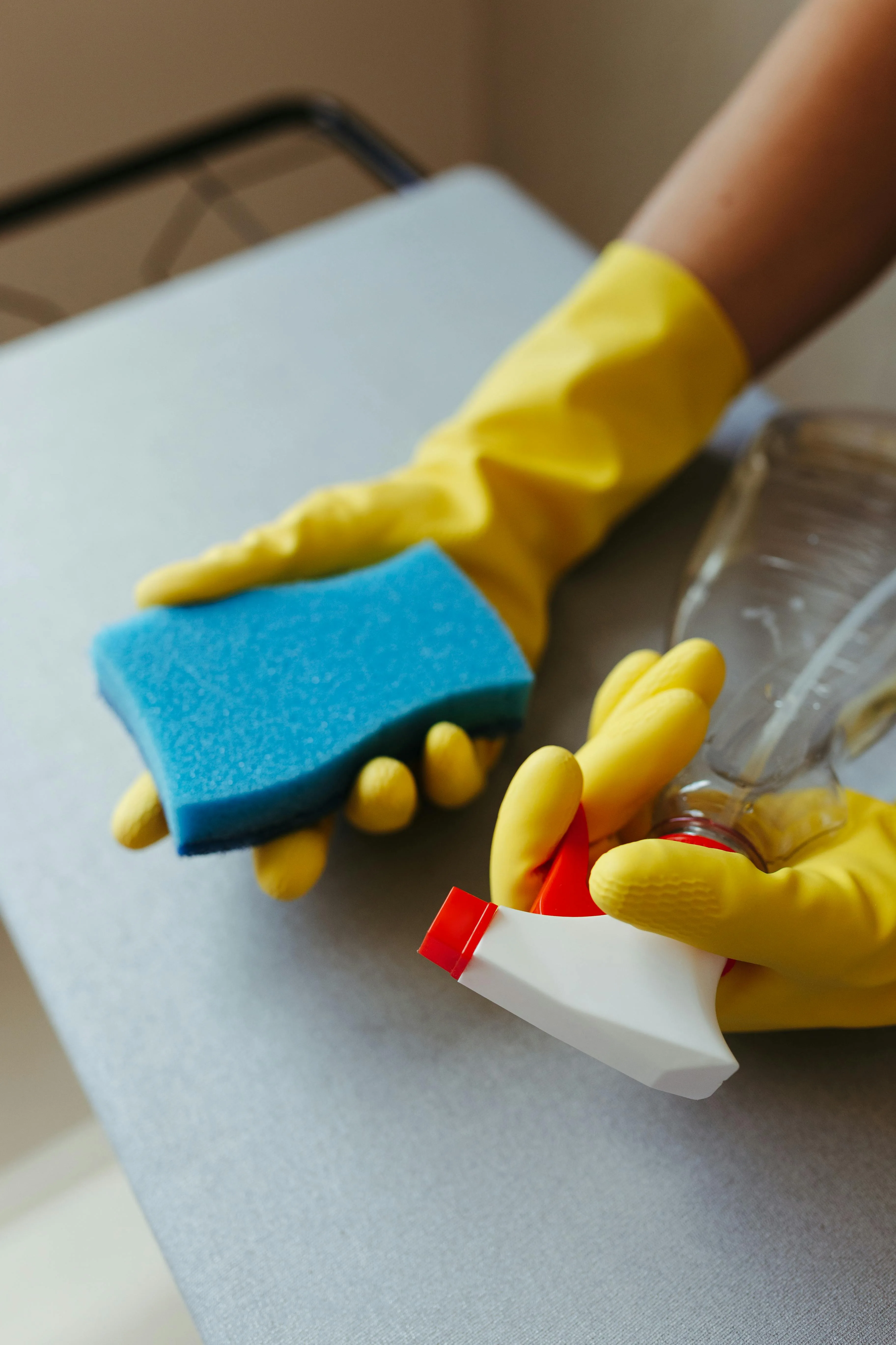 Cleaning supplies and protective gloves in use