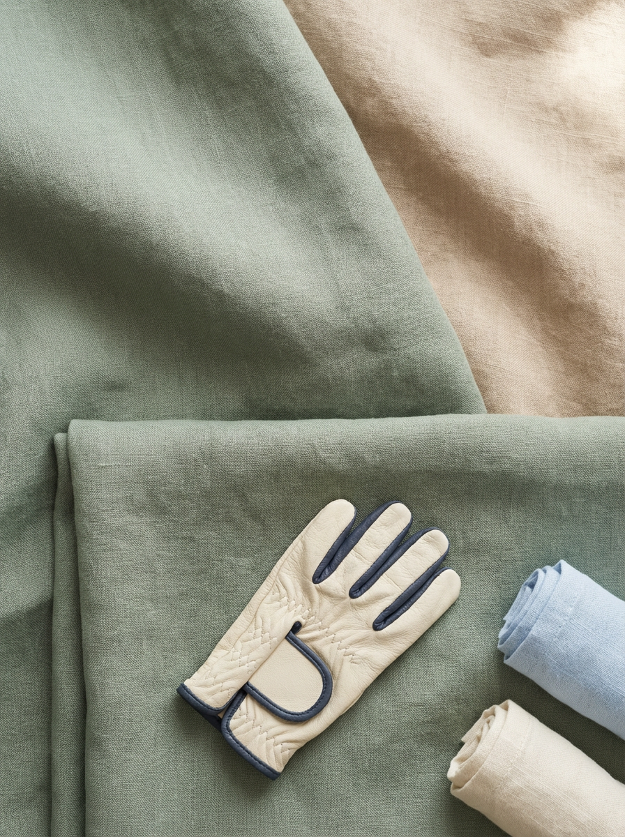 Fabric in earthy tones alongside a beige gardening glove