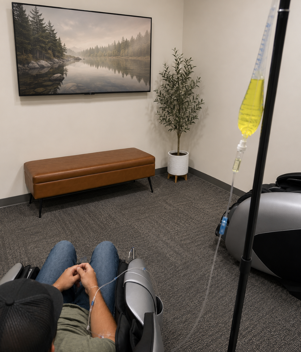 A patient reclining in a massage chair while receiving a vitamin IV infusion in a calming therapy room at Forge Health & Performance.