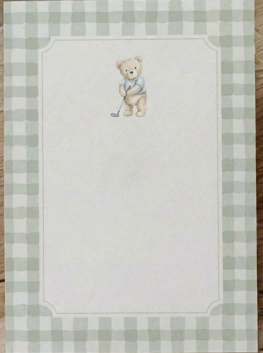 Cute bear golf theme stationery depicting a bear in a blue shirt holding a golf club