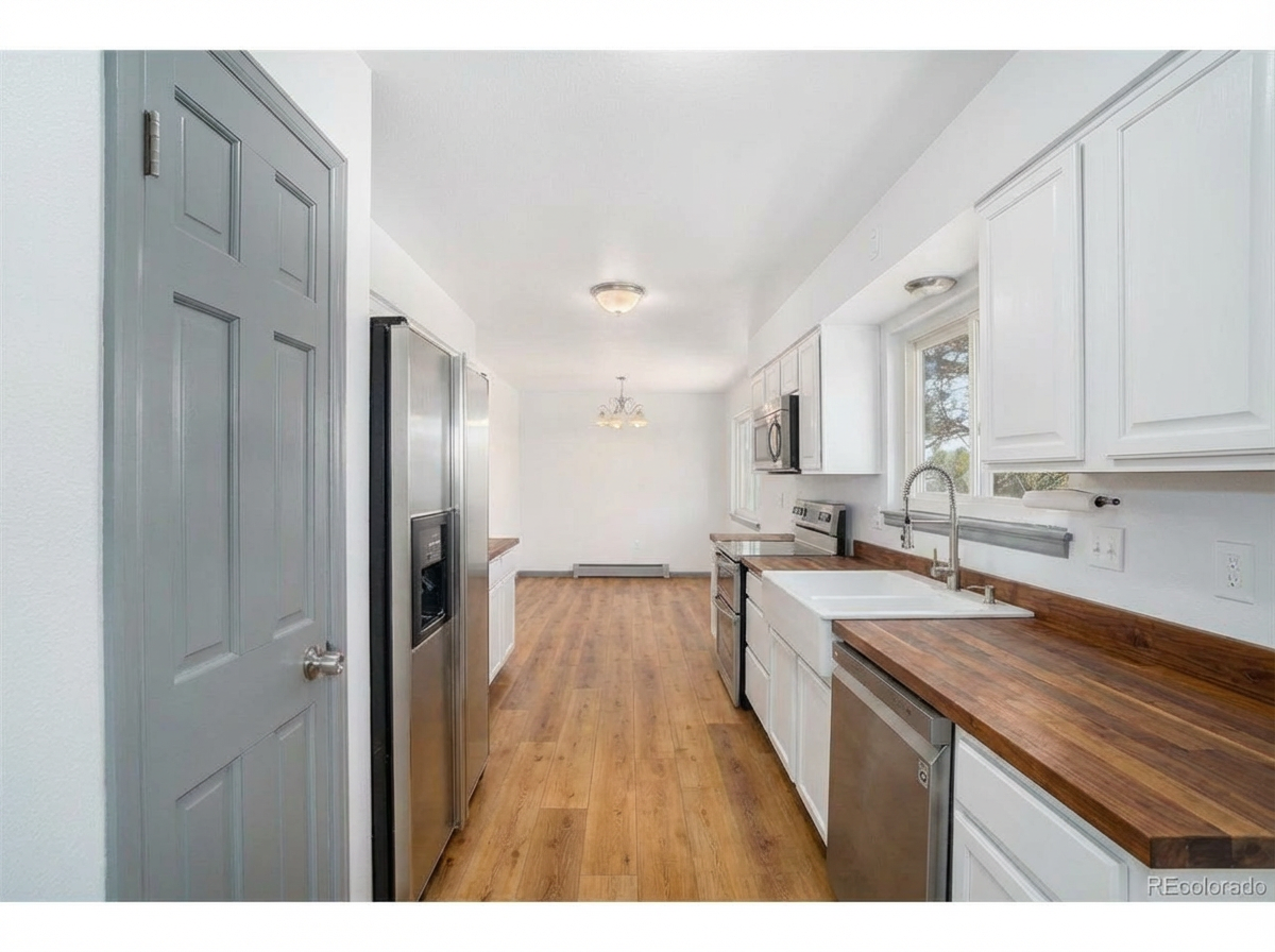 Bright modern kitchen with white cabinetry, stainless steel appliances, and wooden countertops