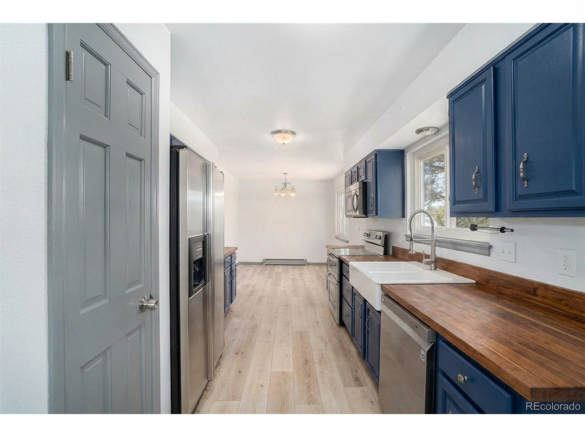 Modern kitchen featuring blue cabinets, stainless steel appliances, and a wooden countertop