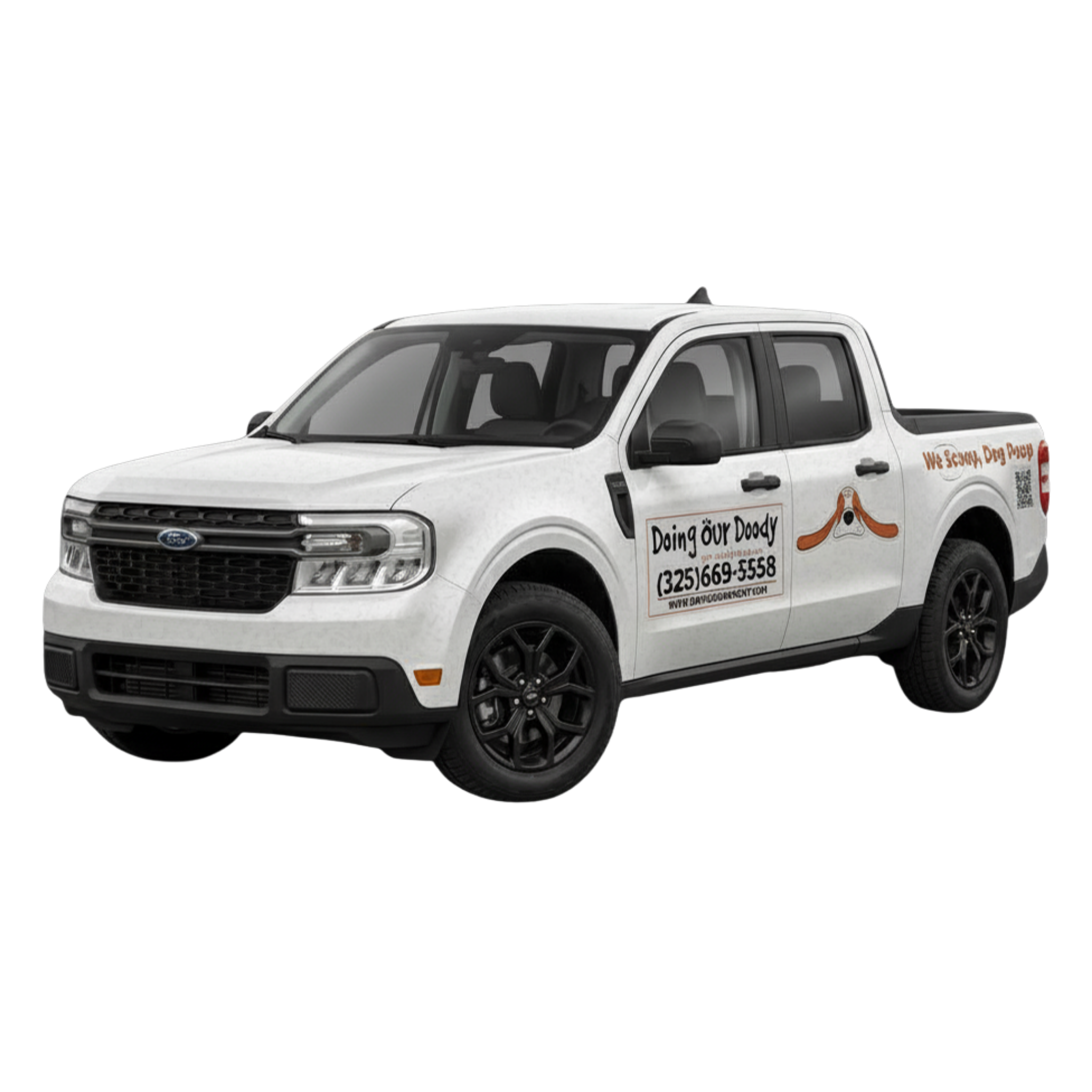 Doing Our Doody branded Ford pickup truck with logo and contact information
