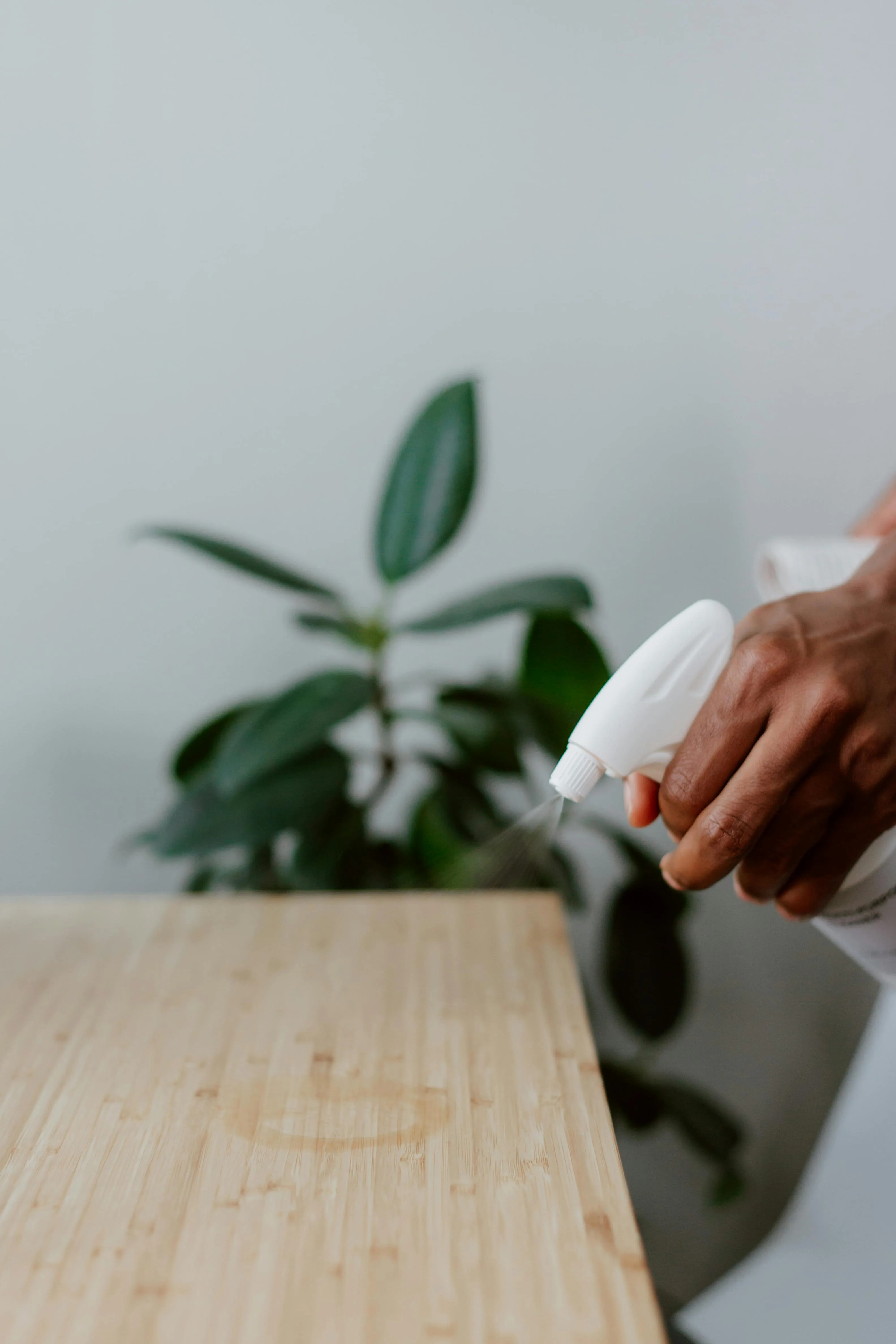 Person misting a wooden tabletop with a spray bottle