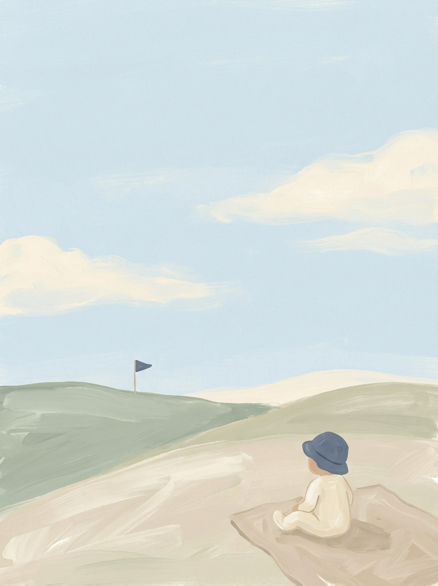 Young child in a hat sitting on a sandy surface