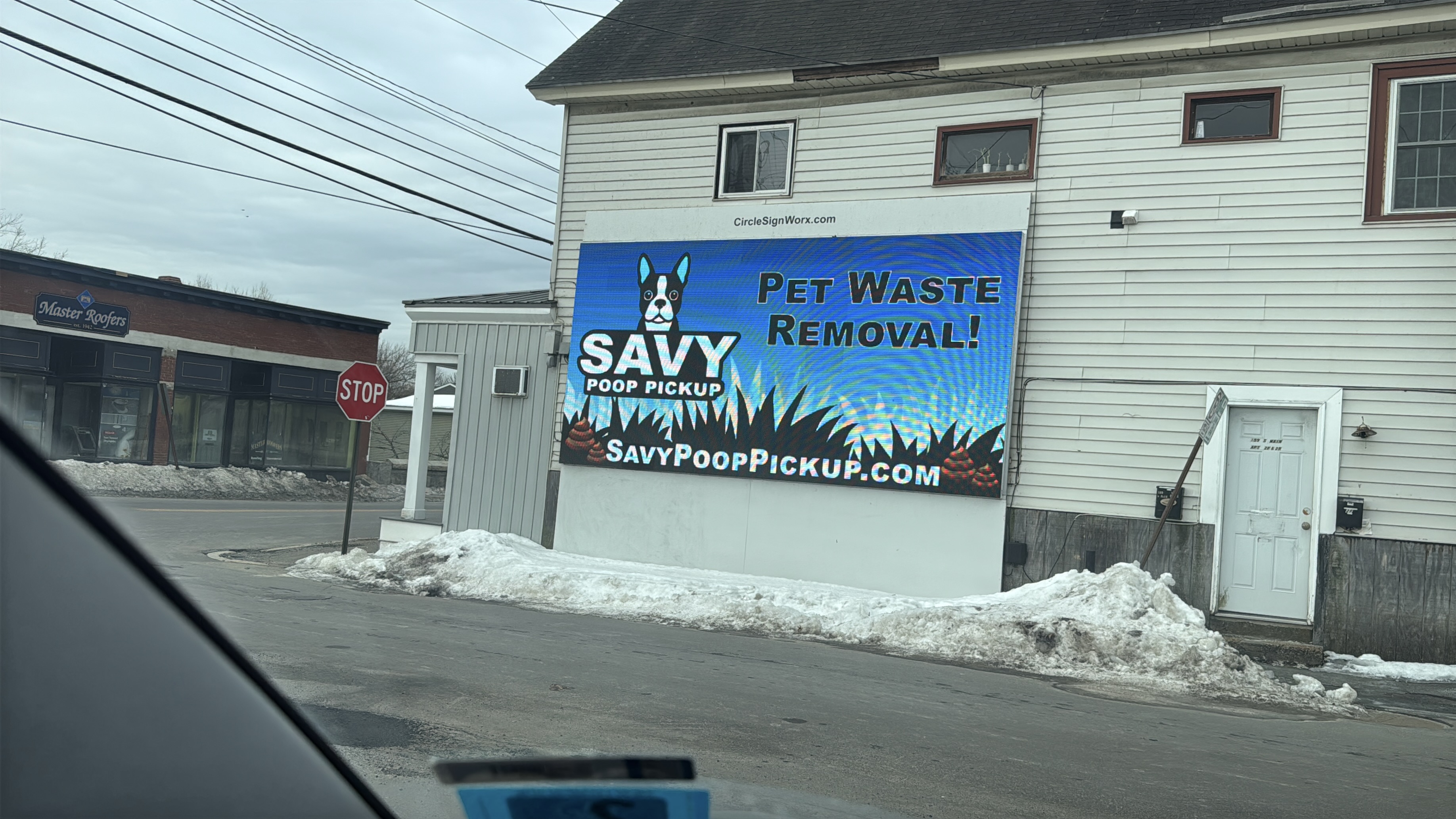 Painted Savy Poop Pickup wall advertisement with a cartoon dog and the company website