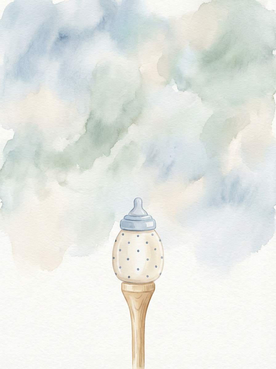 Watercolor illustration of a baby bottle with a wooden handle