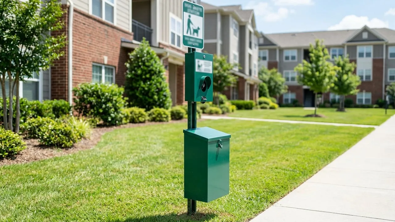 A pet waste station with bag dispenser and bin