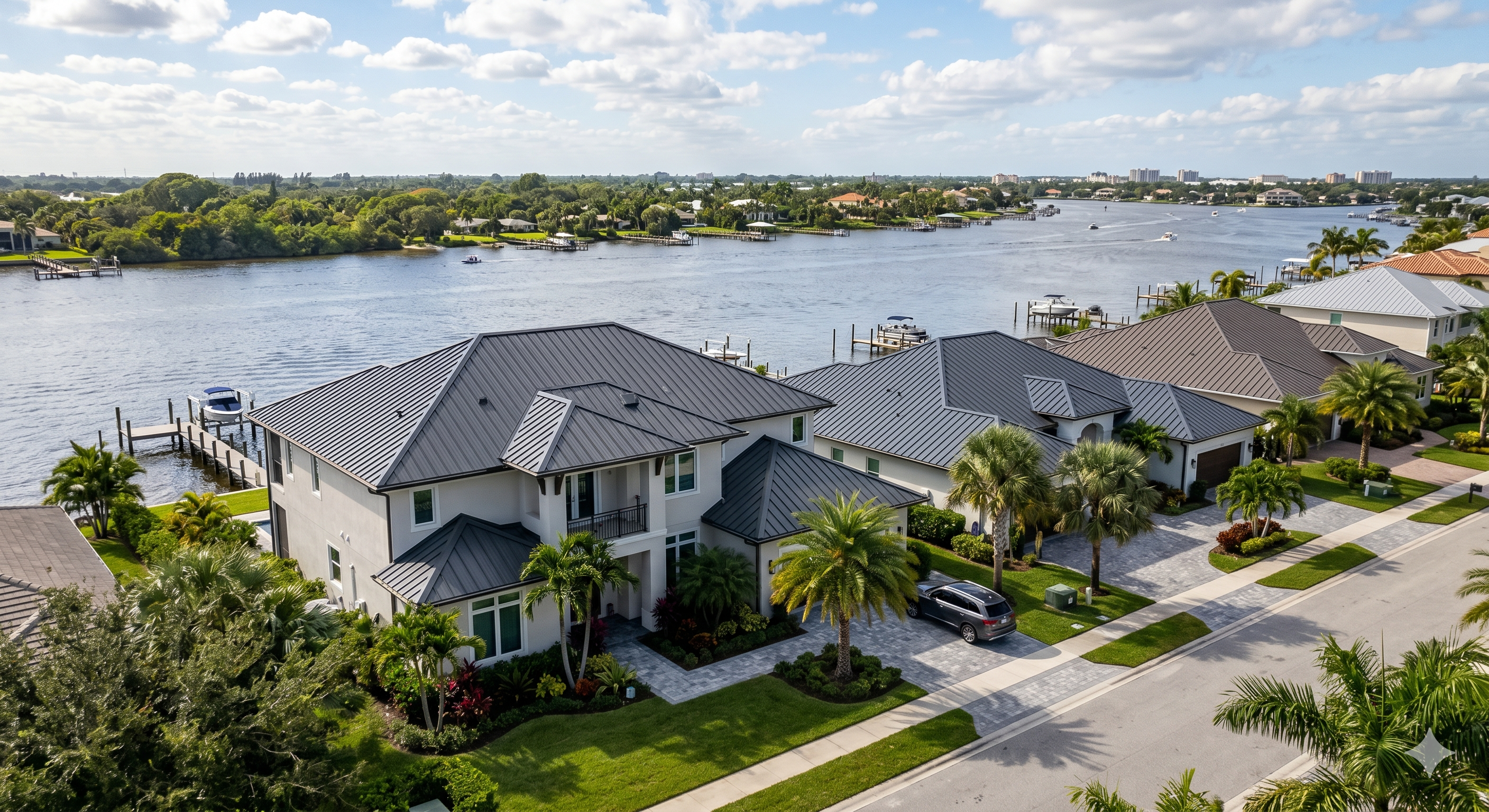 Aerial view of waterfront homes with metal roofs on the Treasure Coast