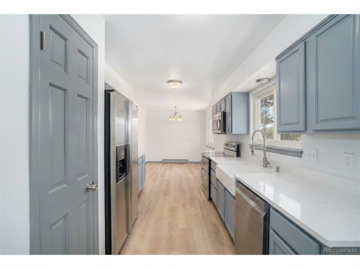 Modern kitchen with light blue cabinets, stainless steel appliances, and light wood flooring