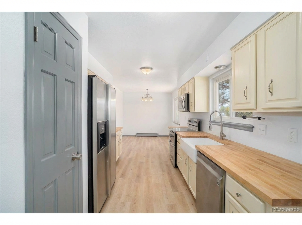 Modern kitchen with light-colored cabinetry, stainless steel appliances, and wood-finished countertops