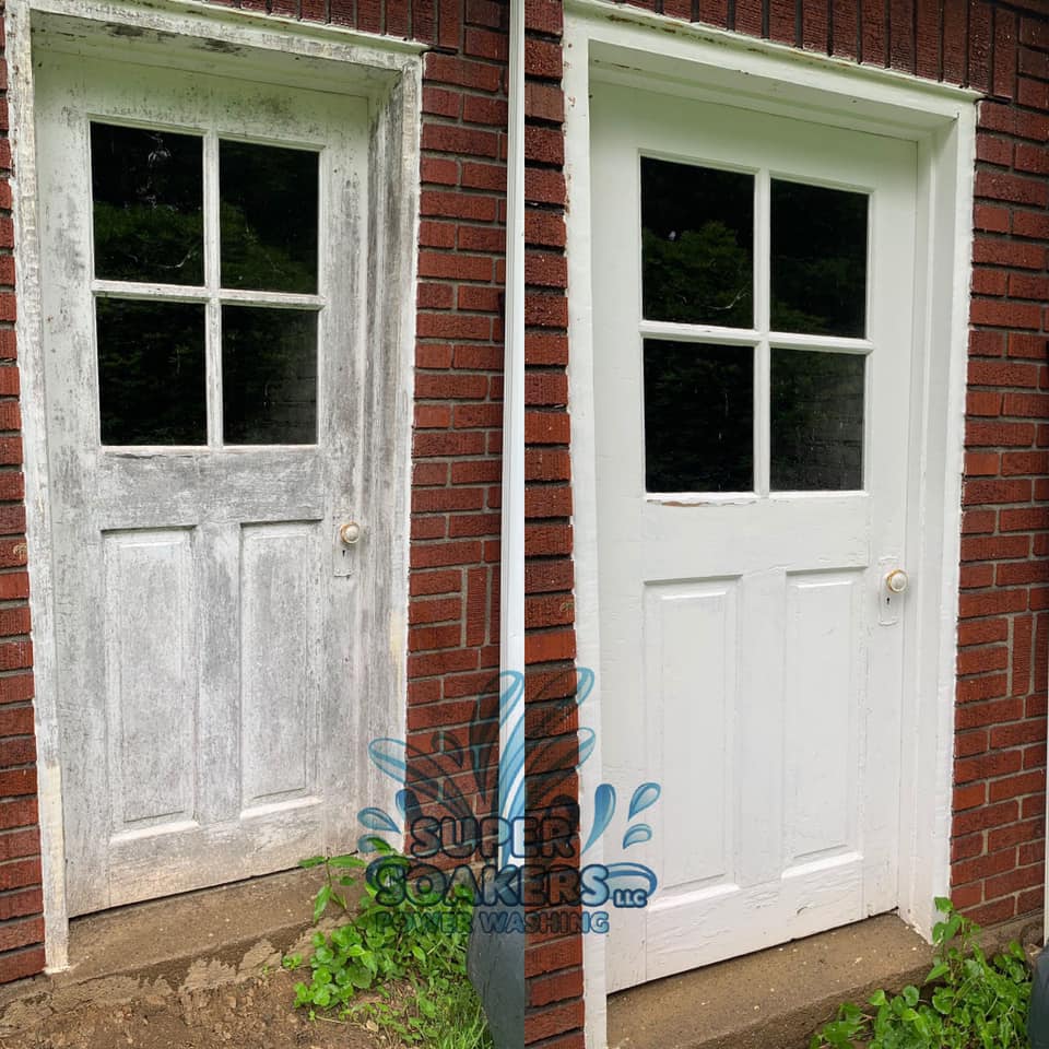 Door shown before and after exterior cleaning