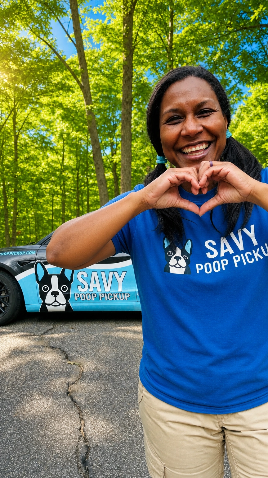 Silvia making a heart shape with her hands in front of the Savy Poop Pickup vehicle