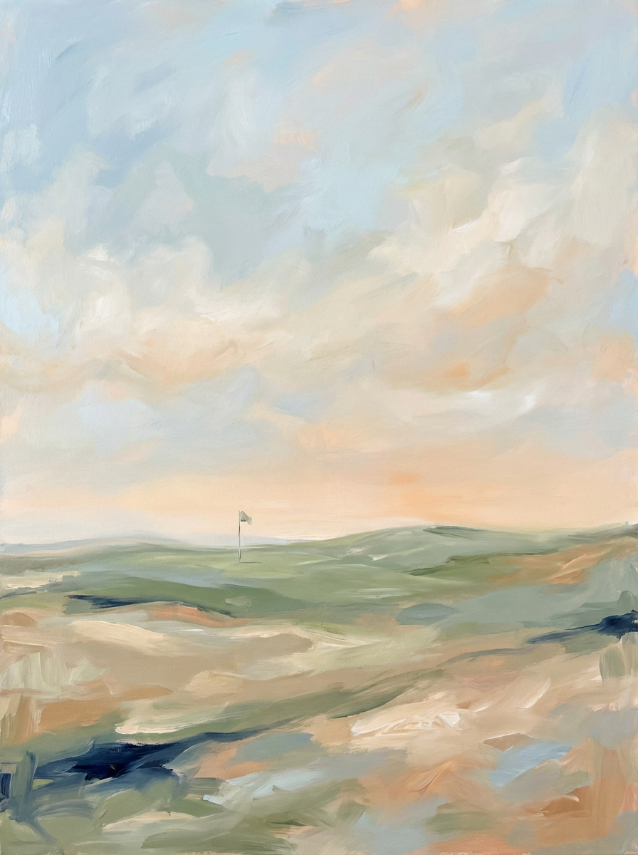Abstract landscape with rolling hills and a distant flag