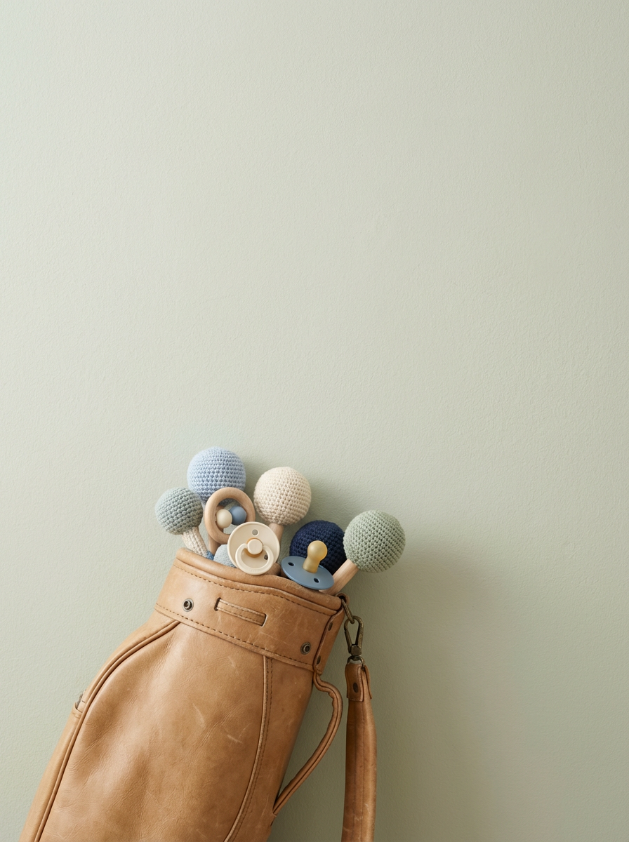 Kids toys in a tan leather bag partially filled with colorful crocheted balls and pacifiers