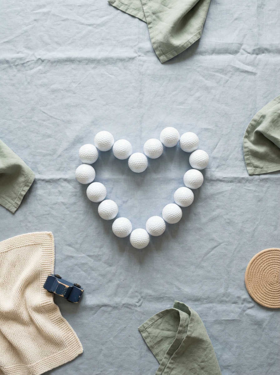 Heart shape made of golf balls with white golf balls arranged in a heart shape