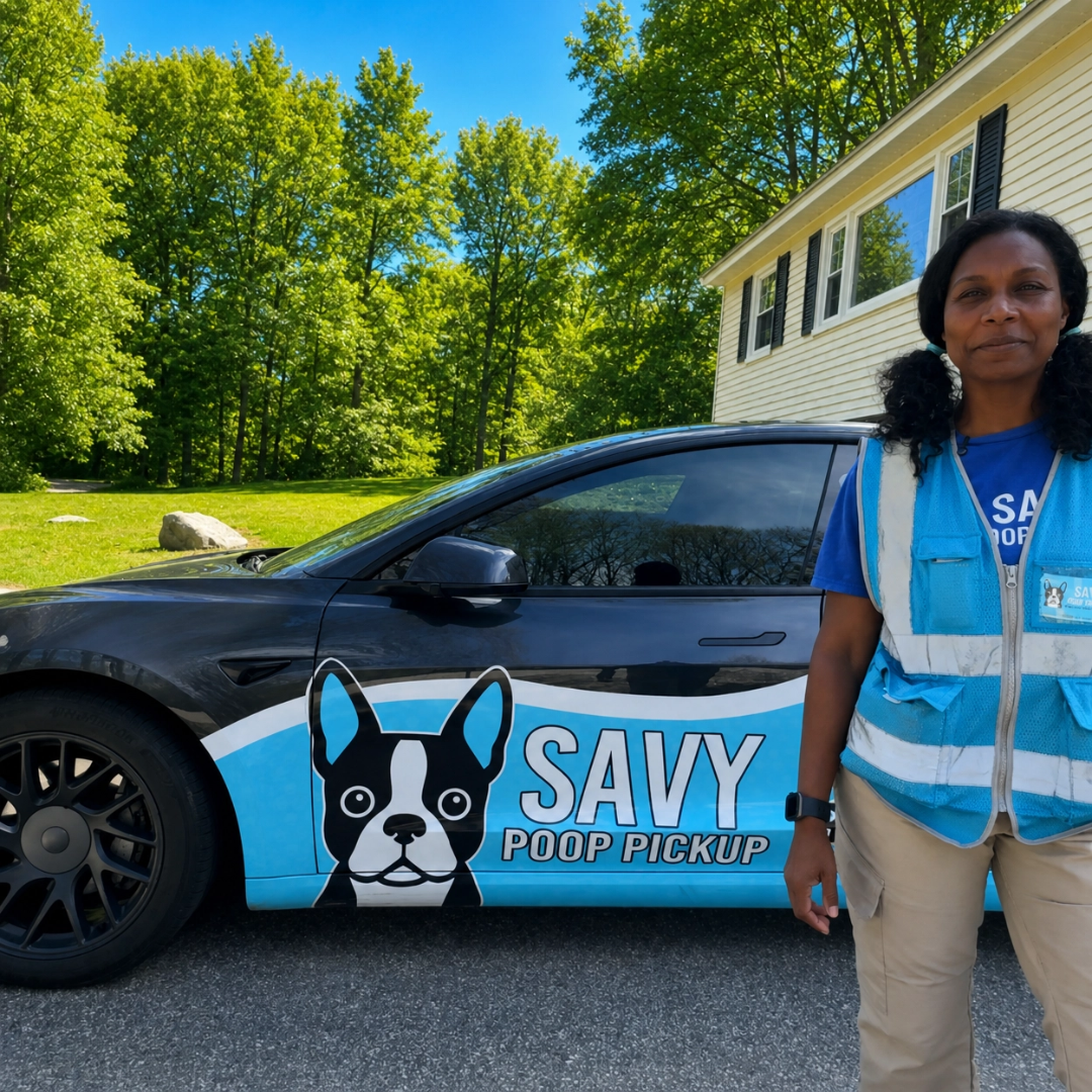Silvia standing beside the Savy Poop Pickup car with its cartoon dog logo outside a New Hampshire home