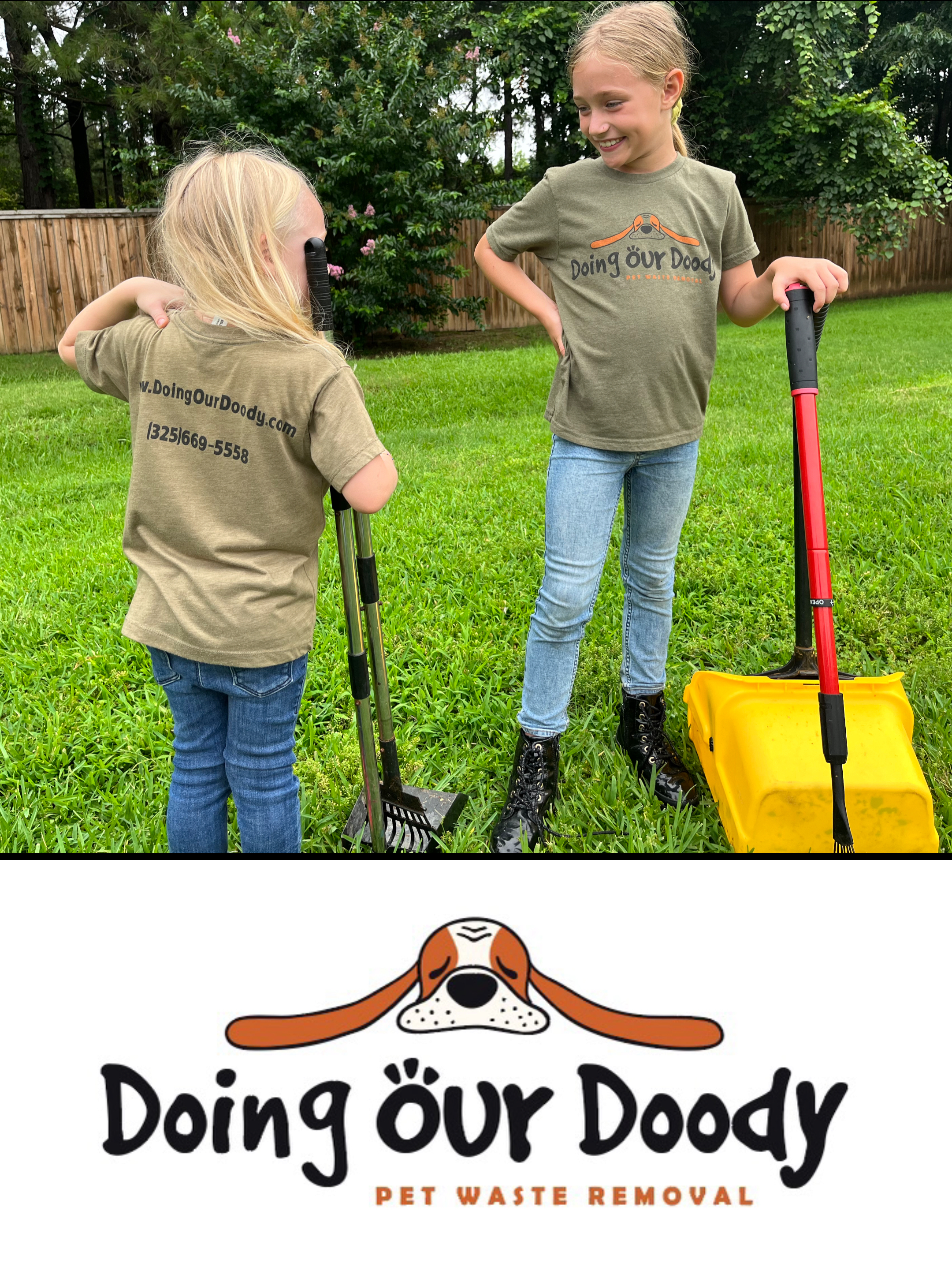 Two young girls in Doing Our Doody t-shirts holding tools in a grassy yard