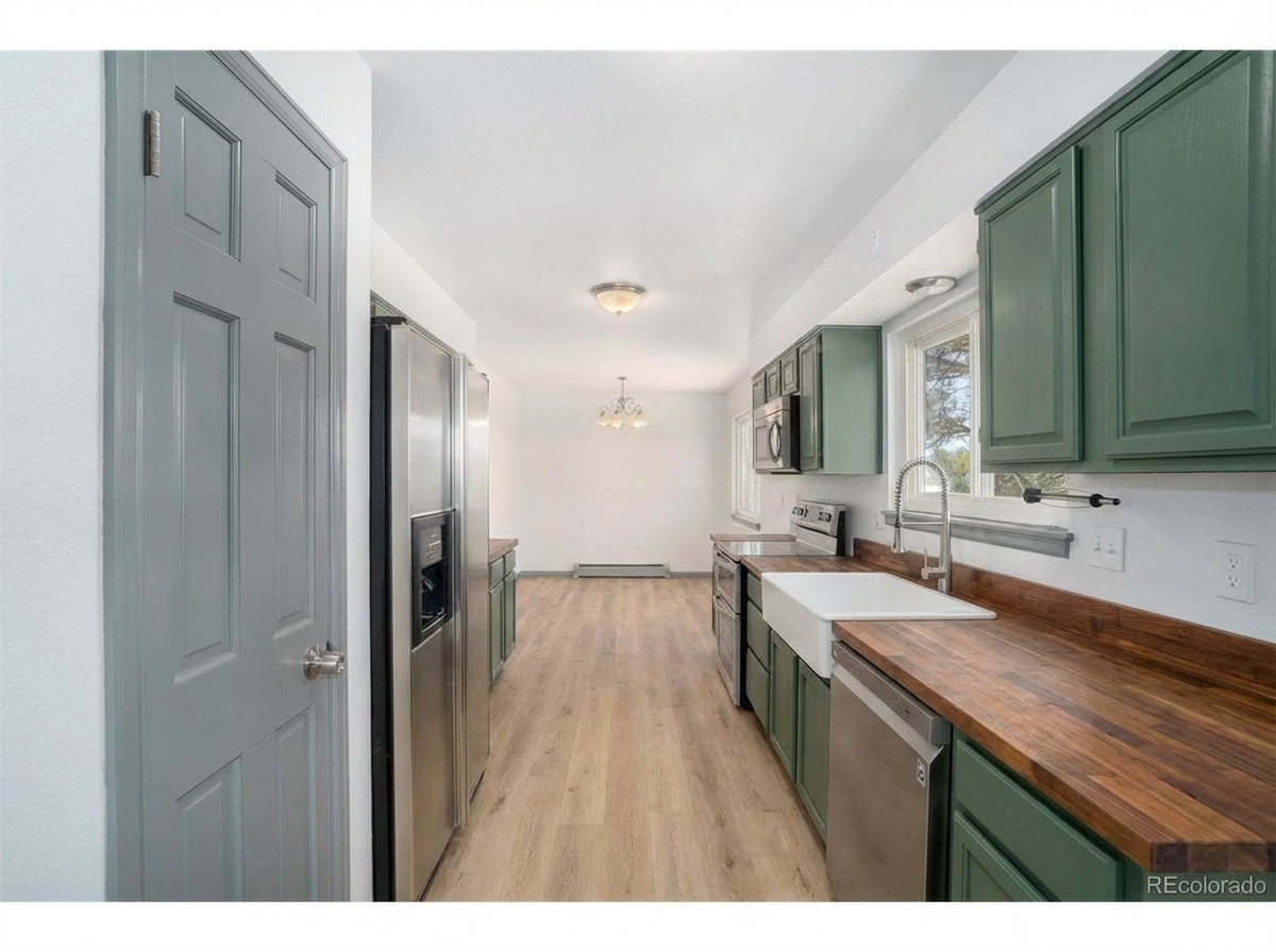 Spacious modern kitchen with green cabinetry, stainless steel appliances, farmhouse sink, and wood countertops