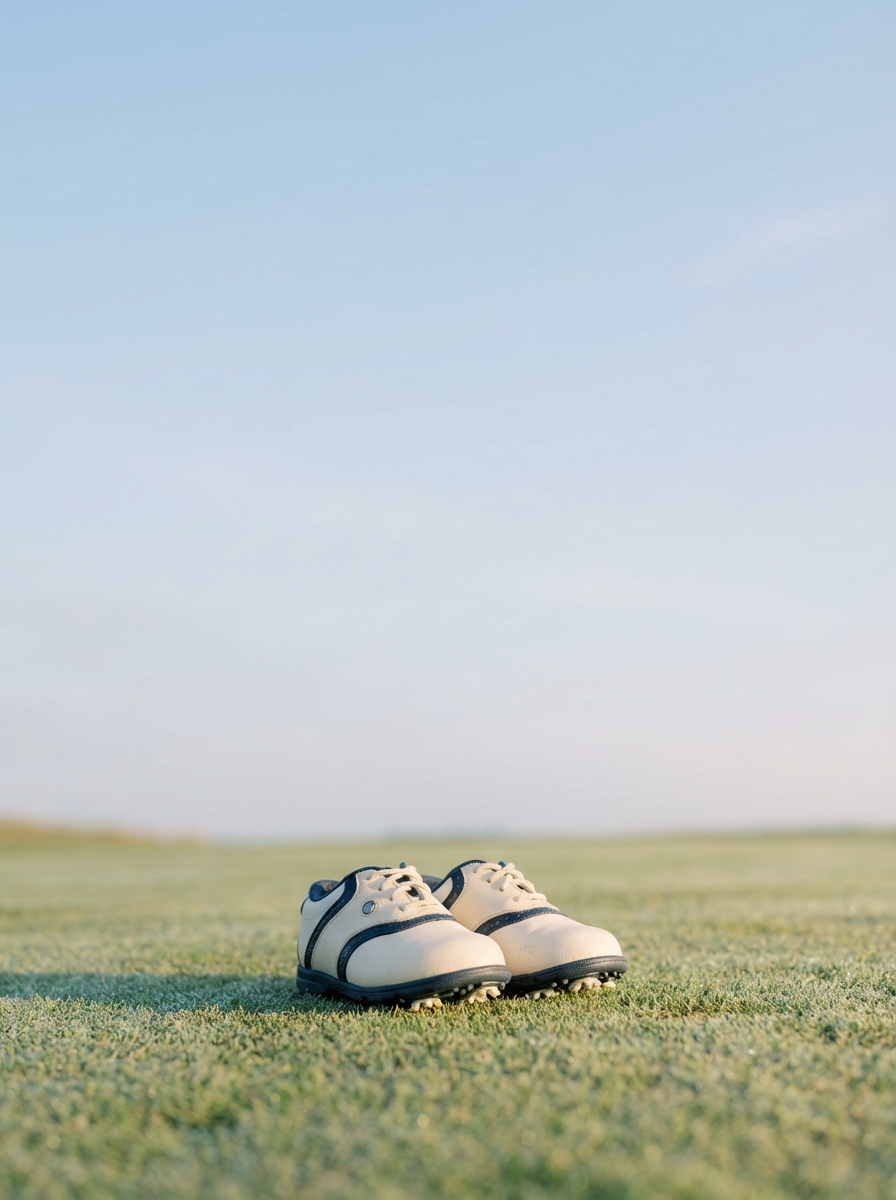 Off-white golf shoes on a dewy green grass surface