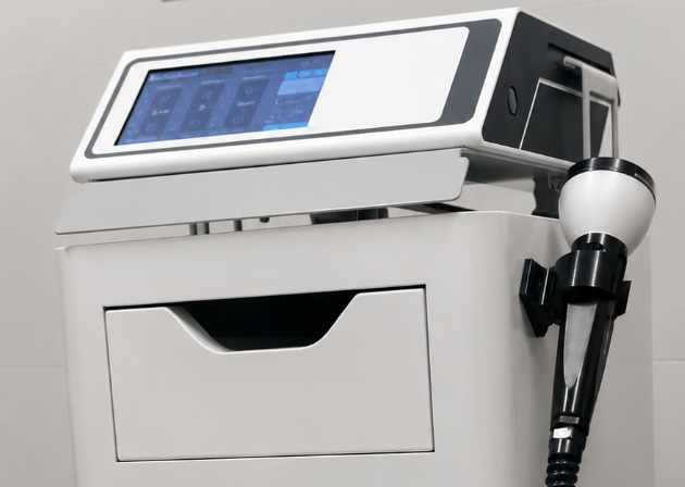 A modern medical device featuring a digital touchscreen interface and probe attachment for therapeutic procedures in a clinical setting.