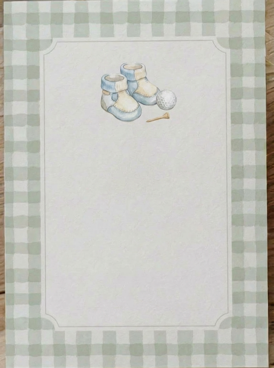 Baby golf-themed note paper with light green checkered borders and baby booties illustration