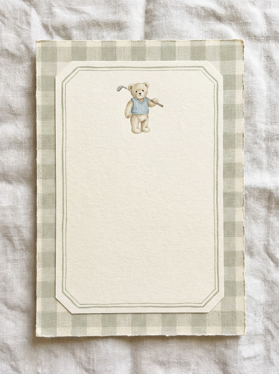Cute bear stationery featuring an illustrated bear in a blue shirt holding a golf club