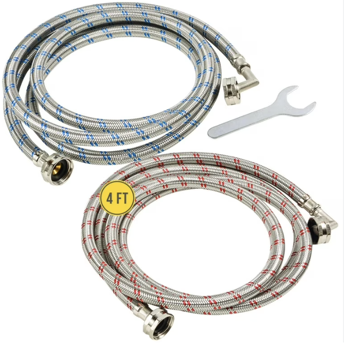 Two flexible stainless steel hoses with blue and red fittings and a wrench