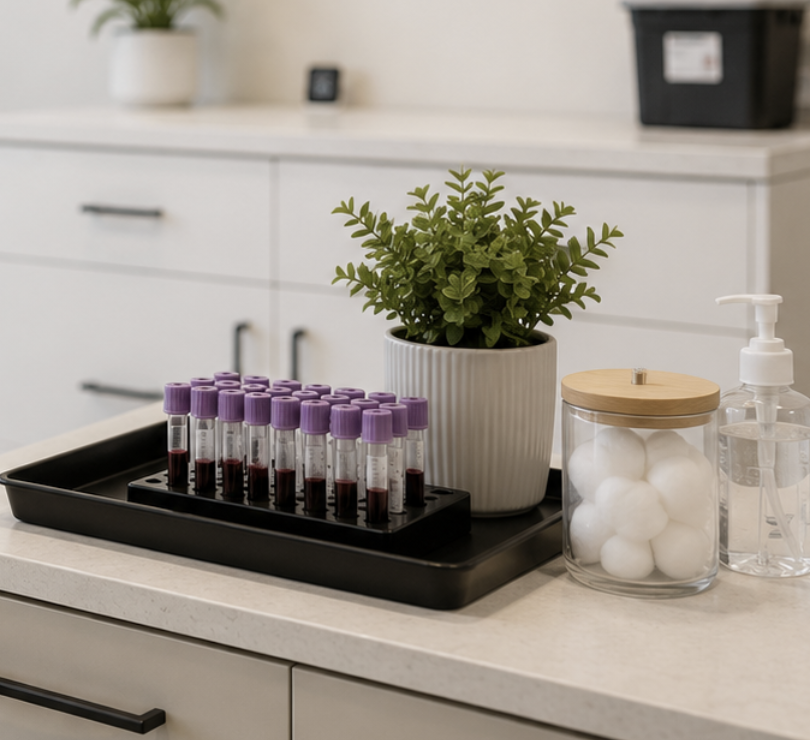 A clean medical workspace with laboratory blood collection tubes, a plant, cotton balls, and a soap dispenser.