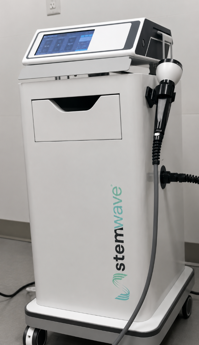 The StemWave therapy machine with digital control panel and therapy applicator for medical settings.