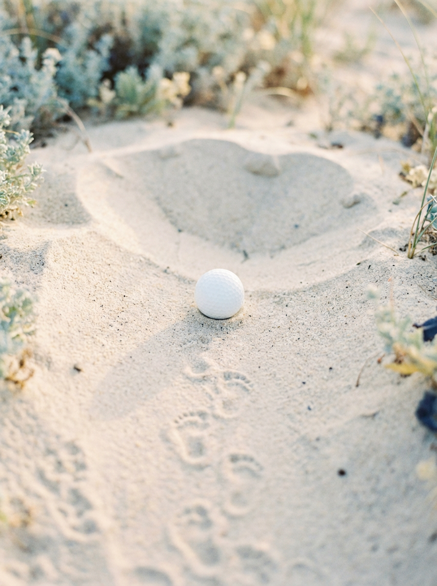 White golf ball resting on a sandy surface with footprints