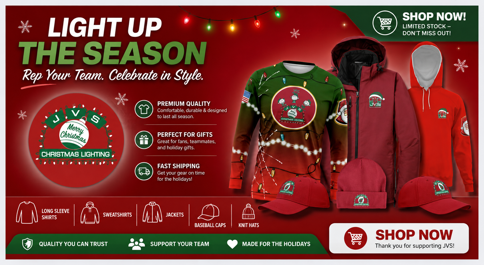 JVS Christmas Lighting holiday apparel collection including long sleeve shirts, sweatshirts, jackets, baseball caps, and knit hats
