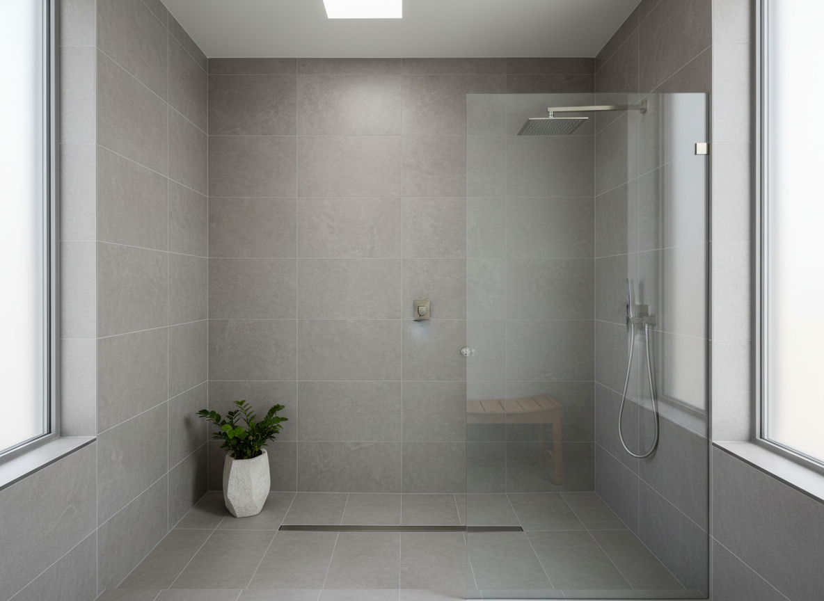 Modern shower room with sleek gray tile walls and glass enclosure