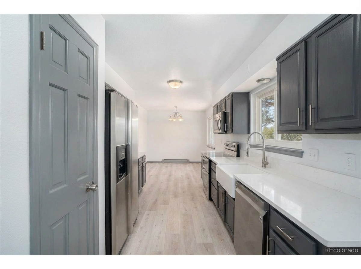 Modern kitchen interior with sleek gray cabinetry, stainless steel appliances, and open layout