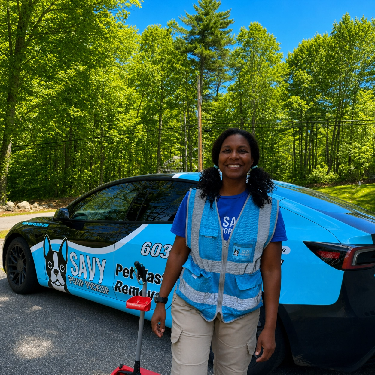 Silvia of Savy Poop Pickup smiling in a branded shirt and reflective vest beside the company car