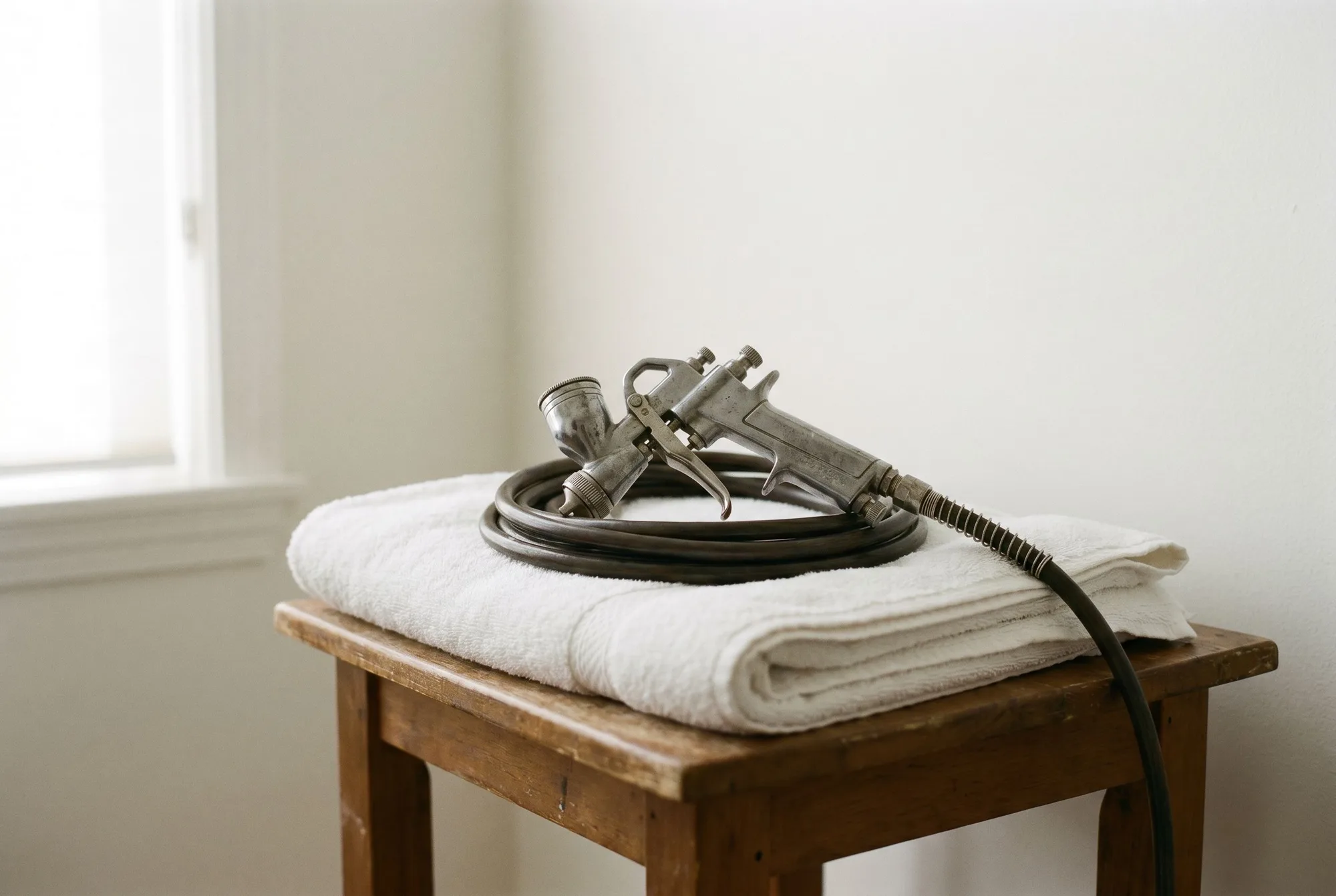 A professional airbrush spray-tan applicator resting on a folded towel at Forge Health & Performance.