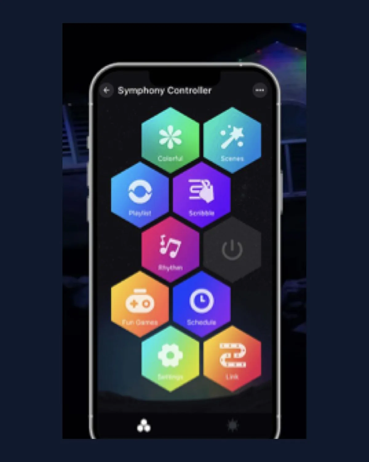 The InvisiLights Symphony Controller app on a phone, showing tiles for colours, scenes, playlists, rhythm, schedules and settings.