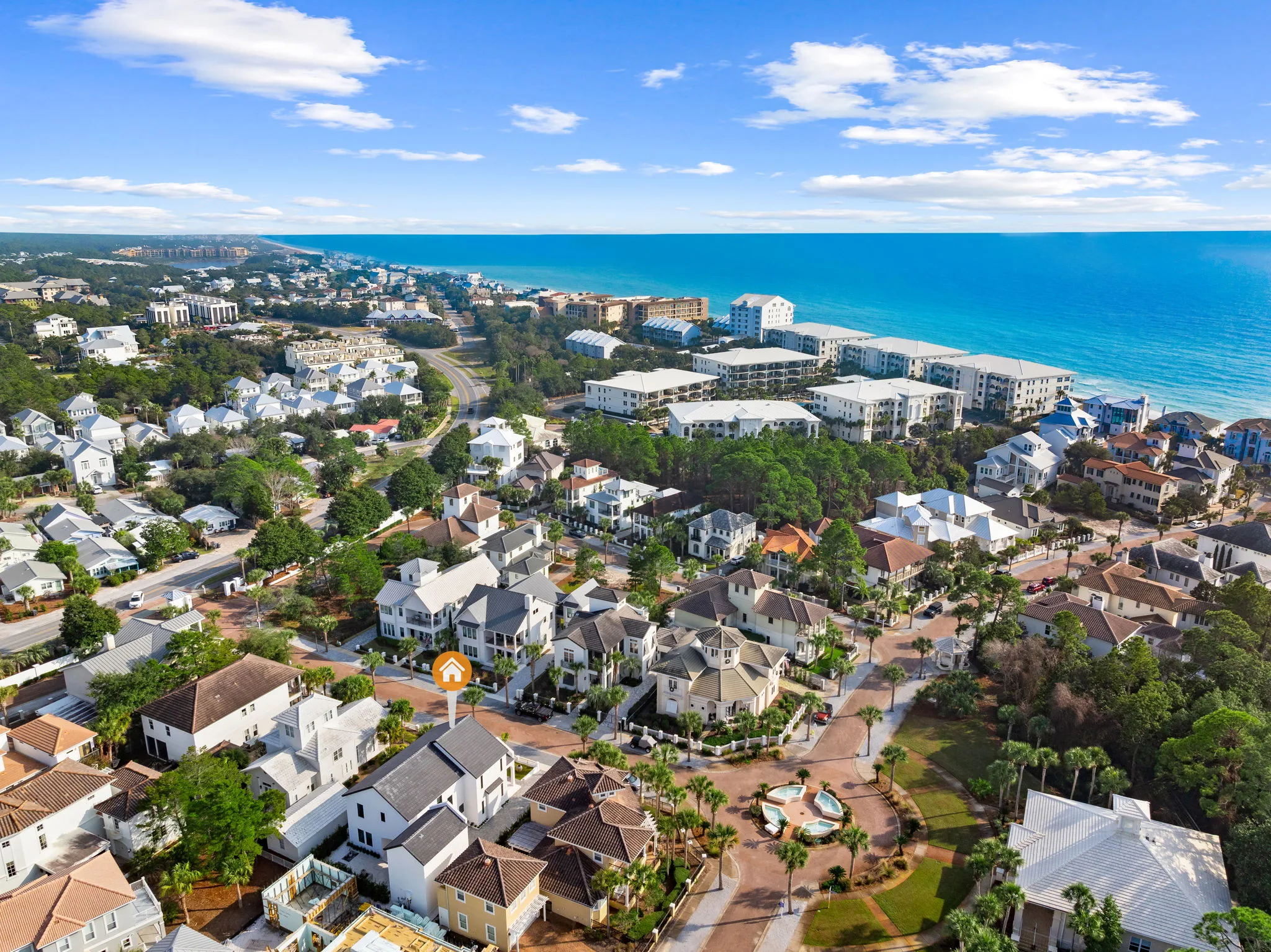 Aerial view of the Walton County coastline, with residential streets running down to the Gulf.