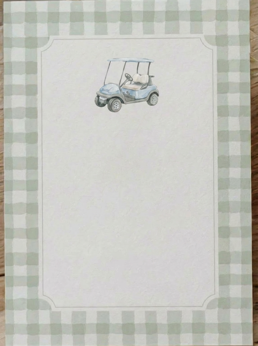 Golf cart notepad design with a small illustration of a golf cart at the top