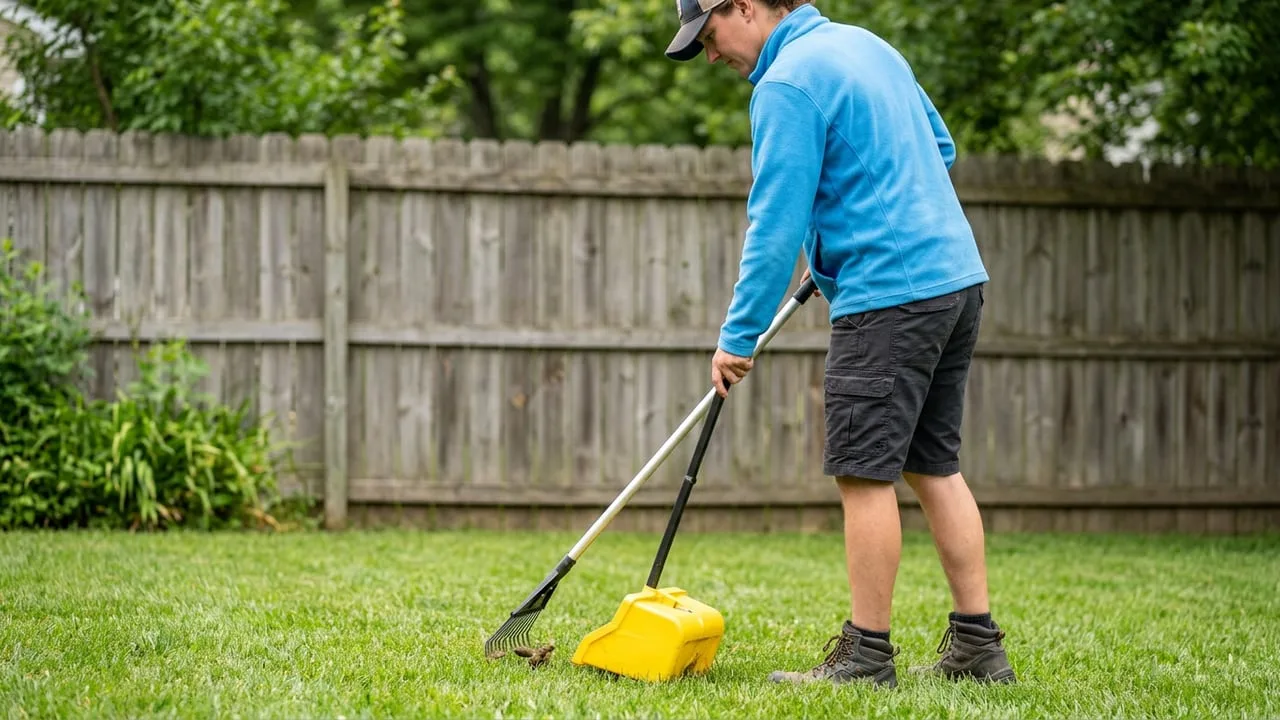 A pet waste removal technician scooping a yard during a one-time cleanup