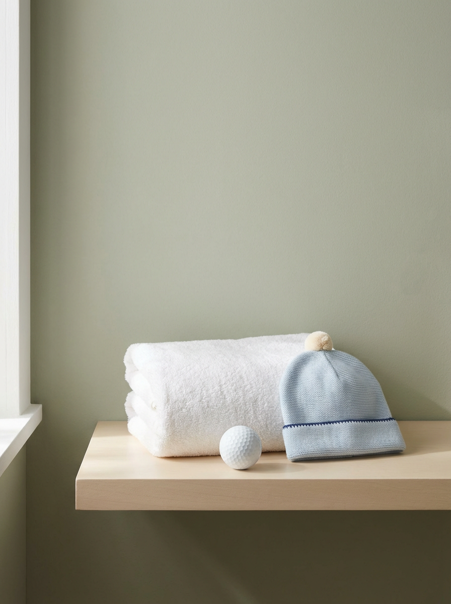 Towels and baby accessories featuring a light blue knitted baby hat beside golf ball