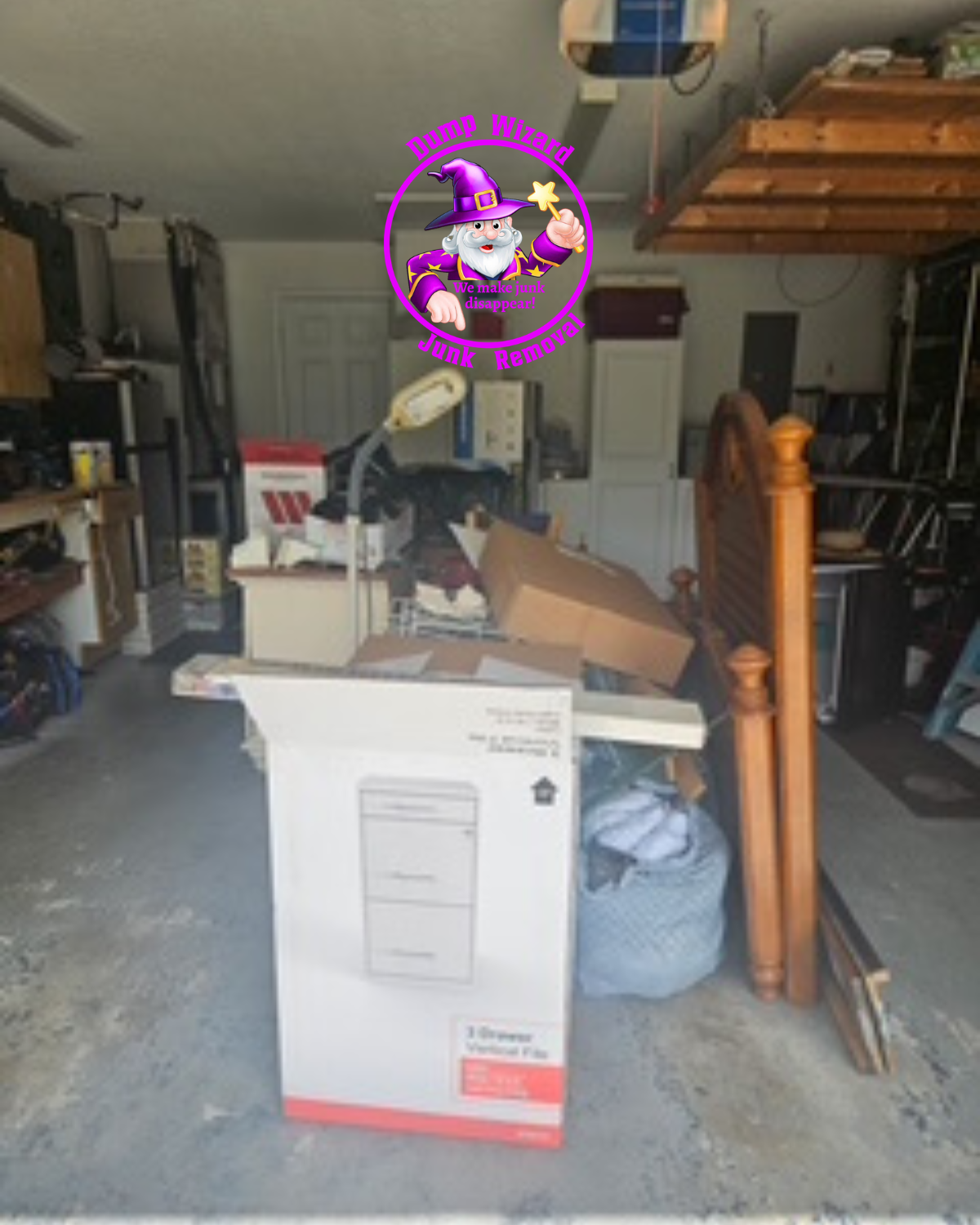 Before: garage stacked with furniture, boxes, and a bed frame awaiting removal