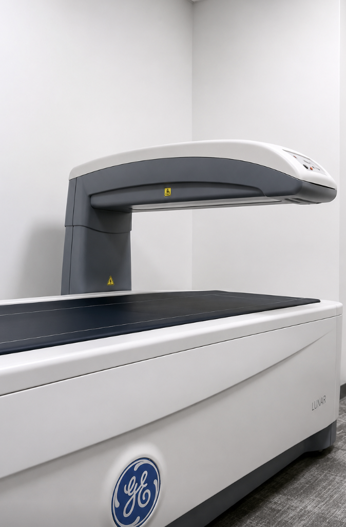 A GE Lunar bone density scanner in a clinical setting with a flat scanning bed and overhead arm.