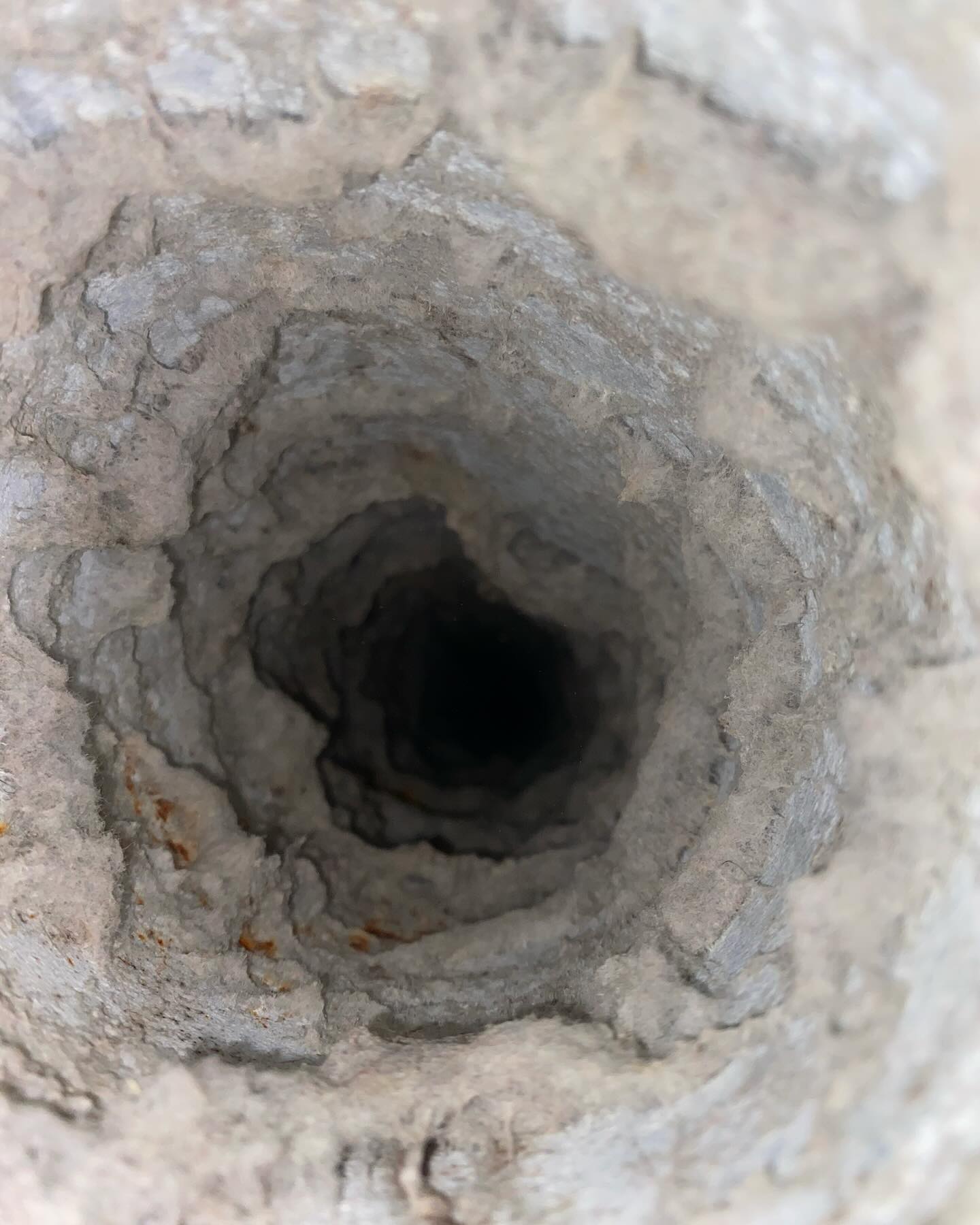 Dirty interior of a hollow dryer vent before cleaning