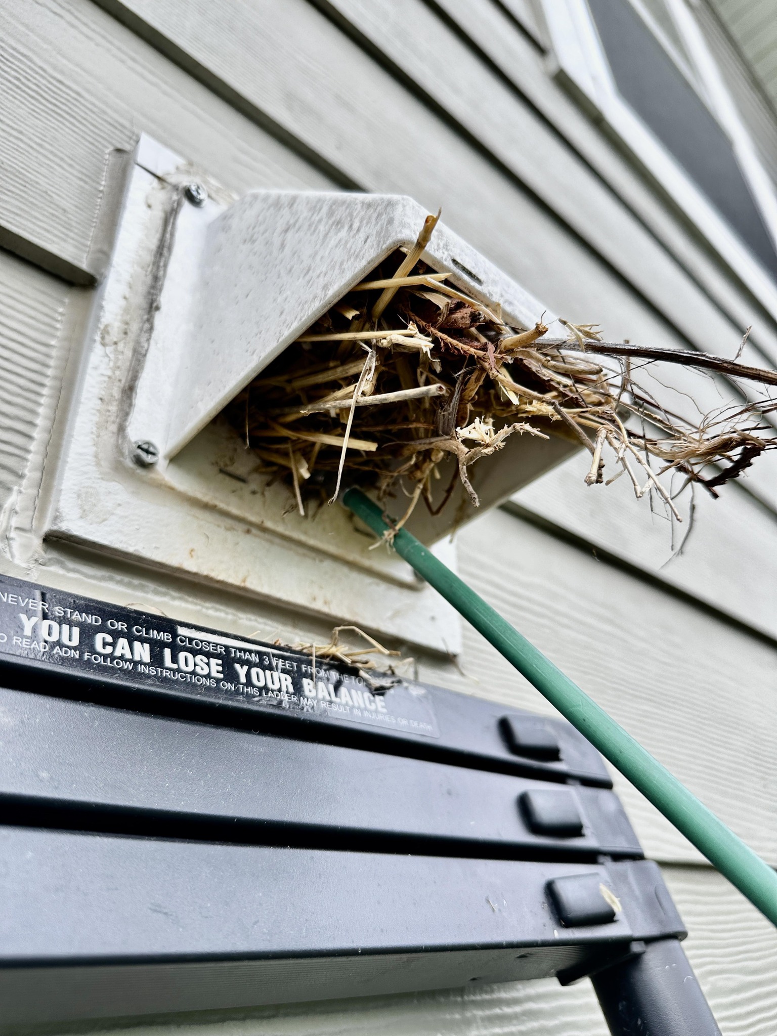 A wall vent partially blocked with plant debris and twigs, showing a dangerous blockage that increases fire risk in Indian River County homes
