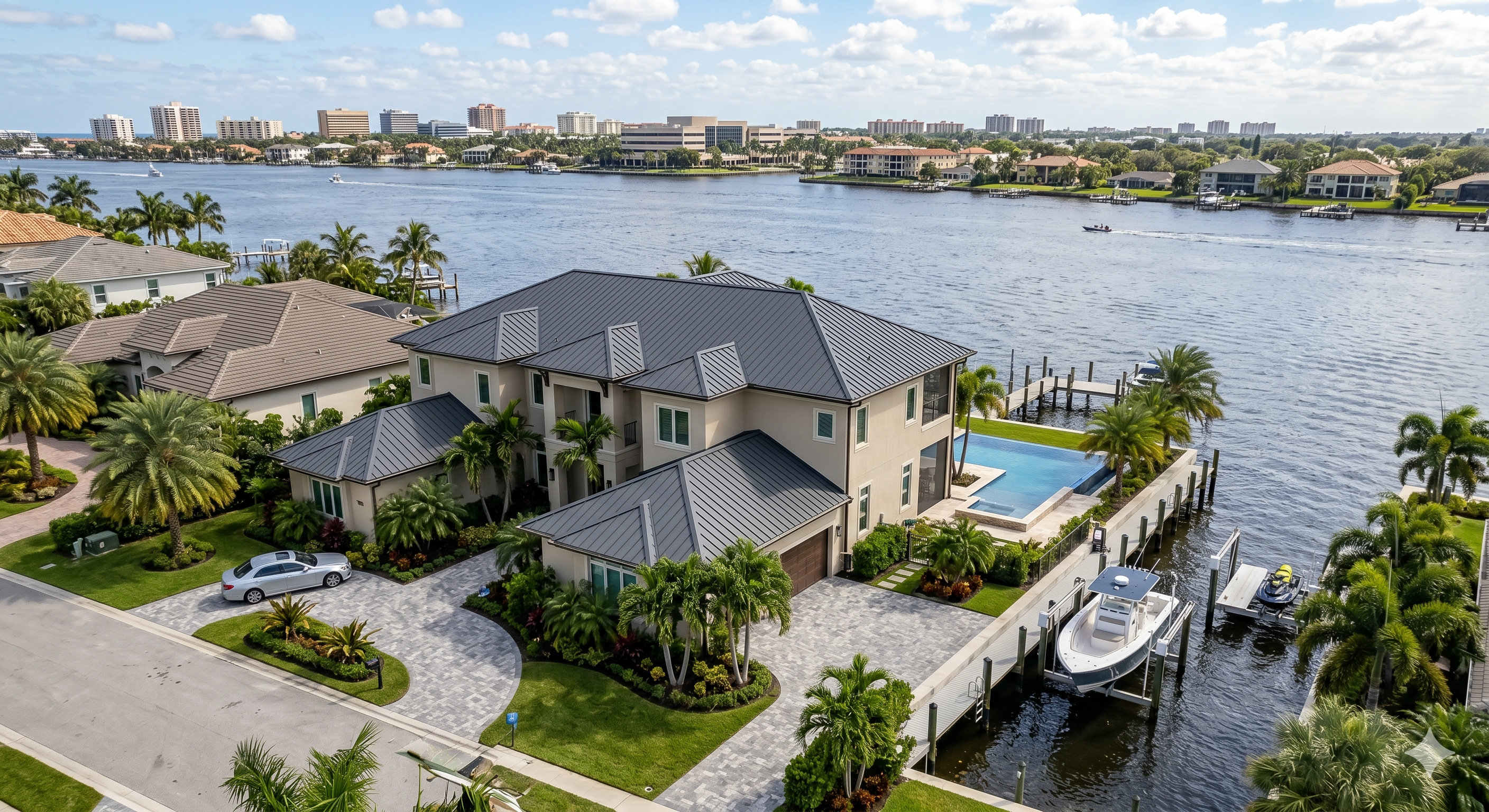 Aerial view of a luxurious waterfront home with pool and boat docks along a serene waterway in Martin County, Florida