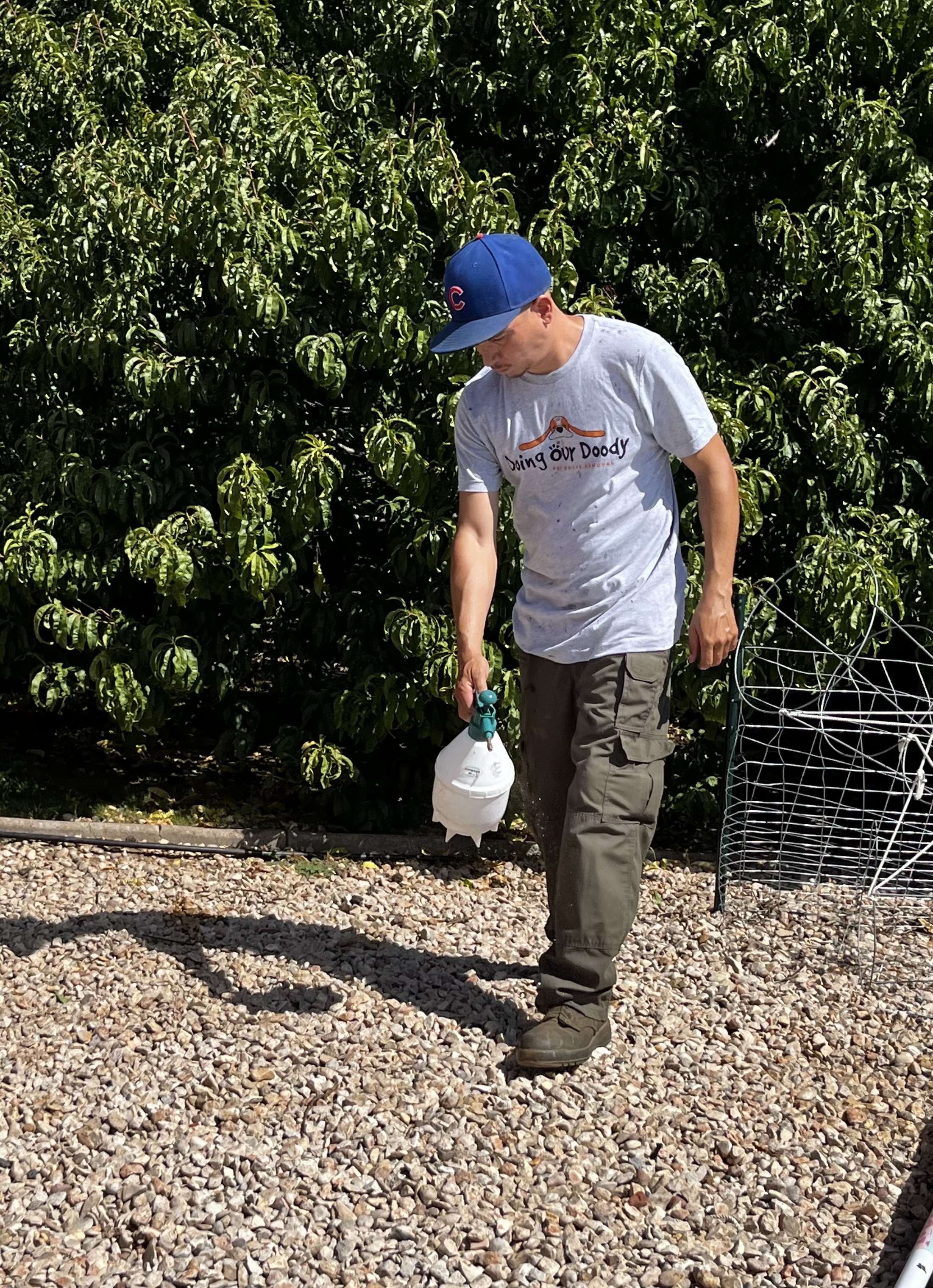 A man in a gray t-shirt and blue baseball cap holds a spray bottle while walking on a gravel surface surrounded by greenery