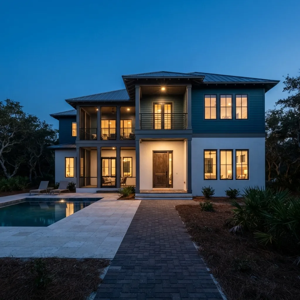 A completed two-storey home lit at dusk, with a pool set into the front courtyard.