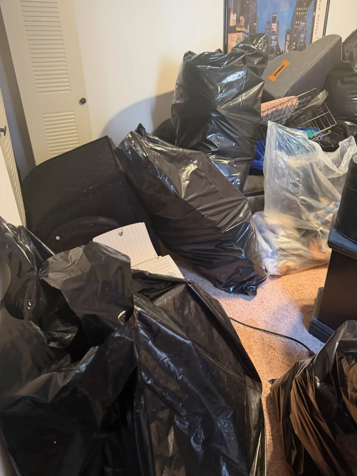 Bedroom filled with furniture and boxes before the cleanout
